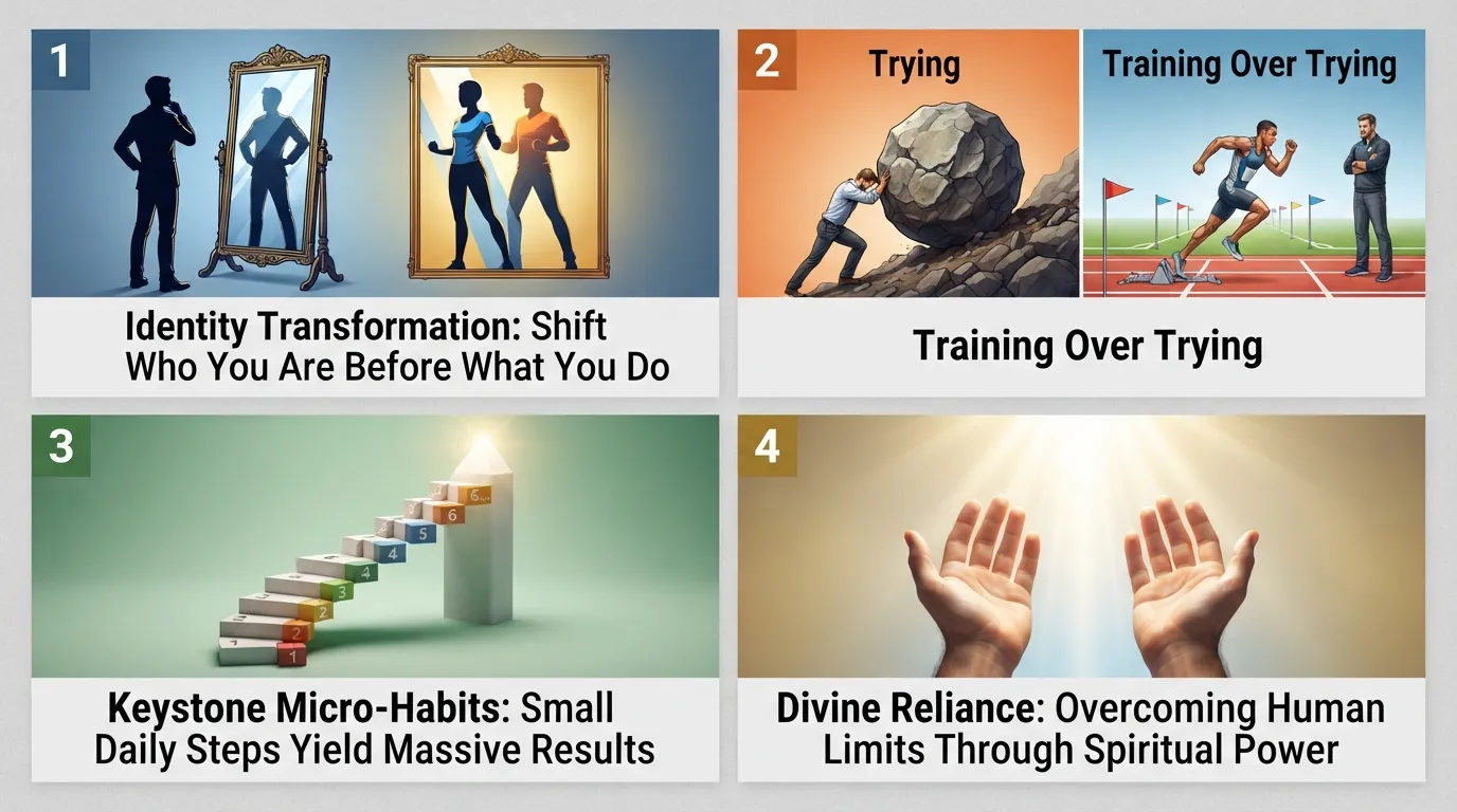 Infographic illustrating the four core themes of The Power to Change by Craig Groeschel: Identity Transformation, Training Over Trying, Keystone Micro-Habits, and Divine Reliance.