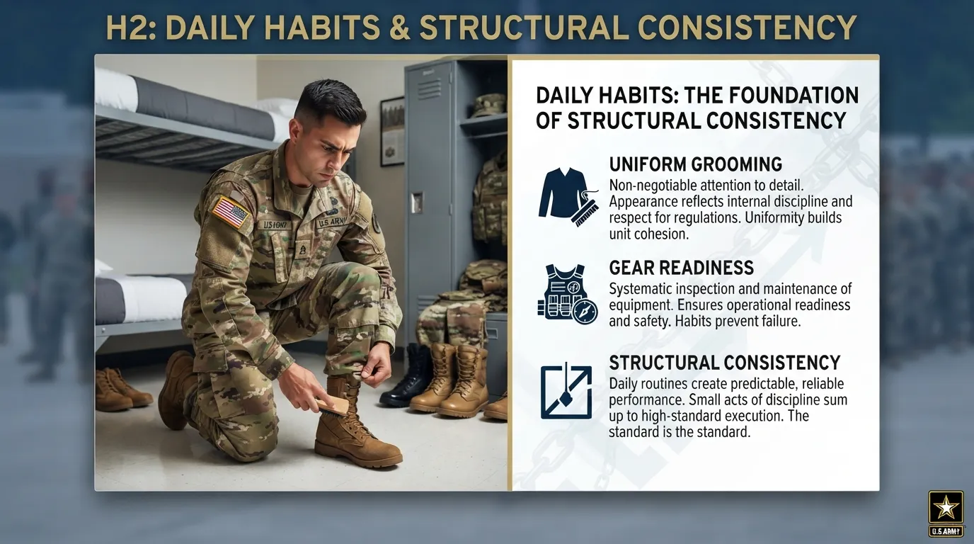 A U.S. Army soldier meticulously inspecting uniform gear and maintaining attention to detail, demonstrating the daily habits that build military discipline.