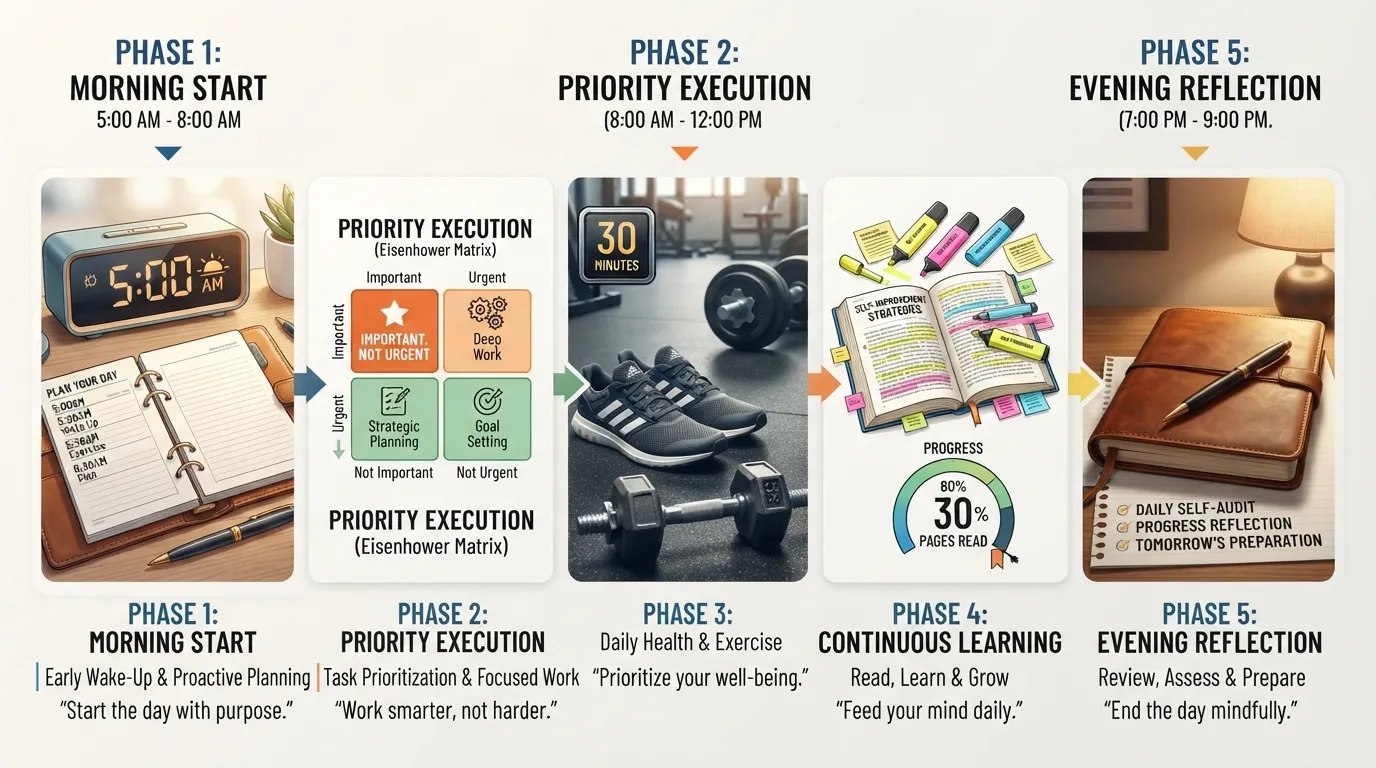 A step-by-step diagram showing the 5 daily habits of successful people: early planning, priority tasks, physical exercise, daily reading, and evening journaling.