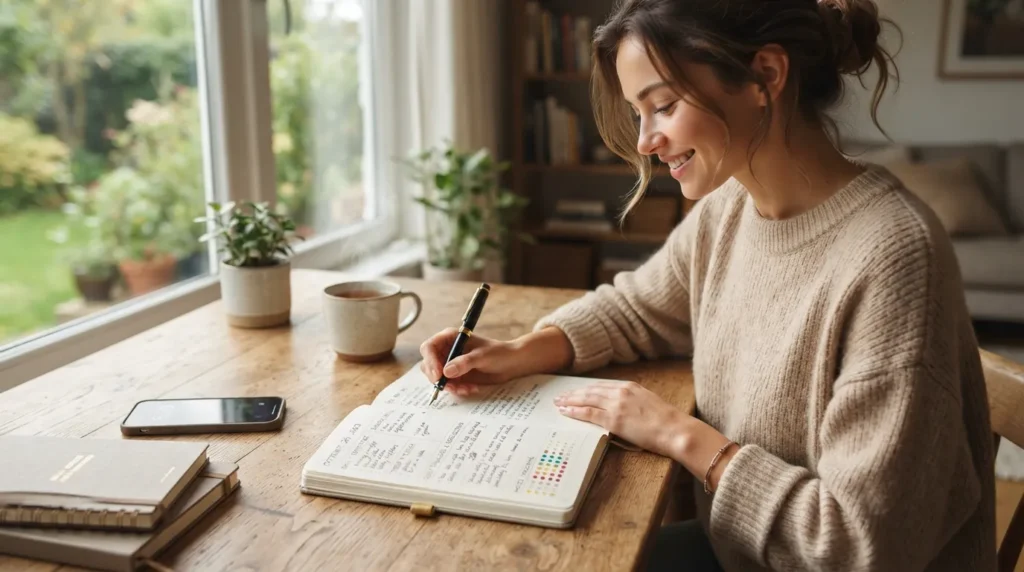 Person writing in a daily journal with reflection prompts, goals, gratitude notes, and personal growth planning on a notebook