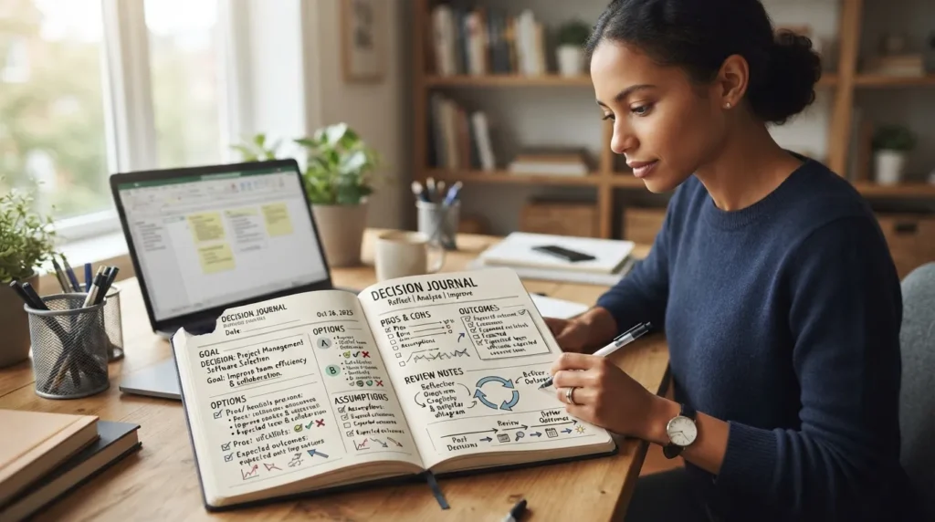 Person writing in a decision journal with decision notes, options, goals, and reflection points to improve decision-making skills