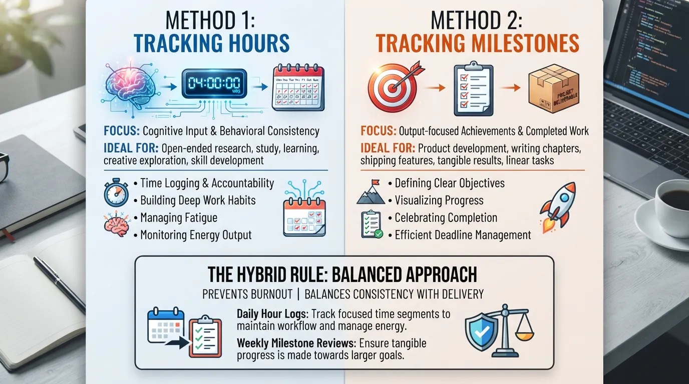 An infographic comparing deep work tracking methods, contrasting input-focused hour logs with output-driven milestone achievements.