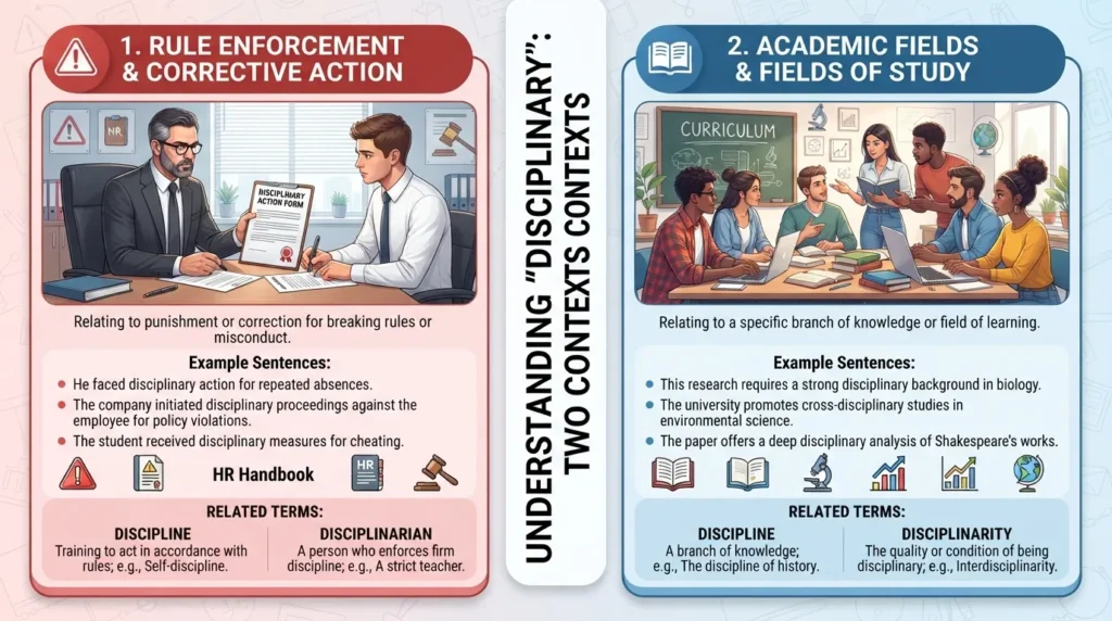 Visual showing the meaning of disciplinary with workplace and academic examples and common usage