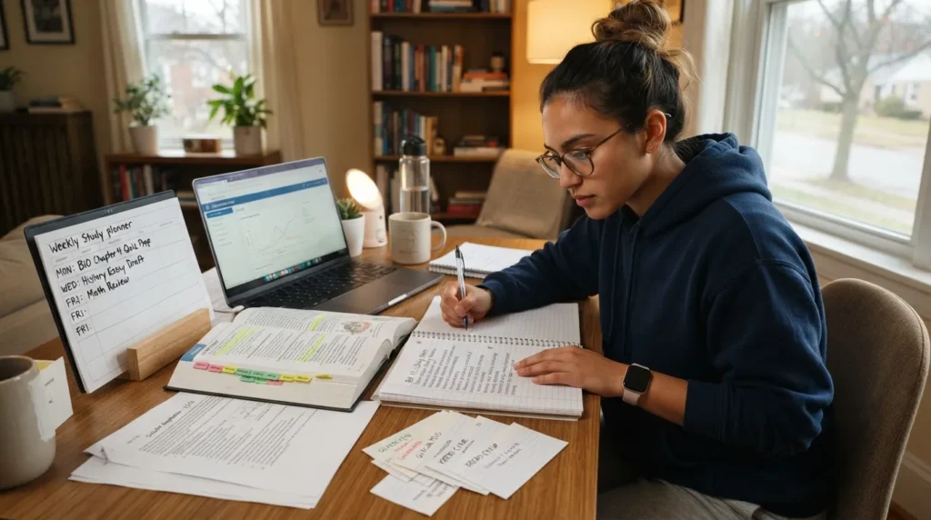 Student studying at a desk with a notebook, reviewing notes, using flashcards, and following a regular study routine