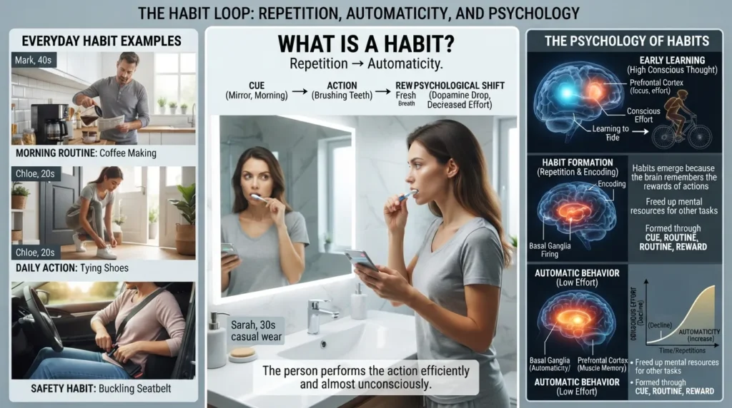 Visual showing a habit as a repeated behavior that becomes automatic, with everyday examples such as brushing teeth, exercising, and checking a phone.