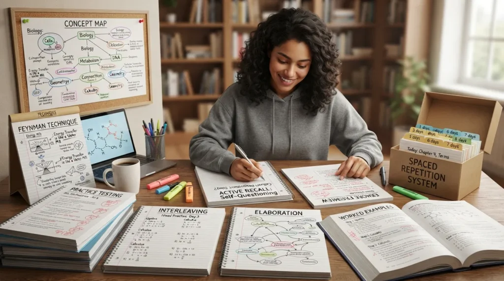 Student using different learning techniques including active recall, spaced repetition, Feynman technique, interleaving, practice testing, and concept mapping