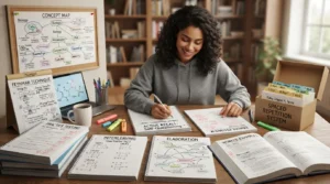 Different Study Techniques and Methods: 10 Effective Learning Techniques Student using different learning techniques including active recall, spaced repetition, Feynman technique, interleaving, practice testing, and concept mapping