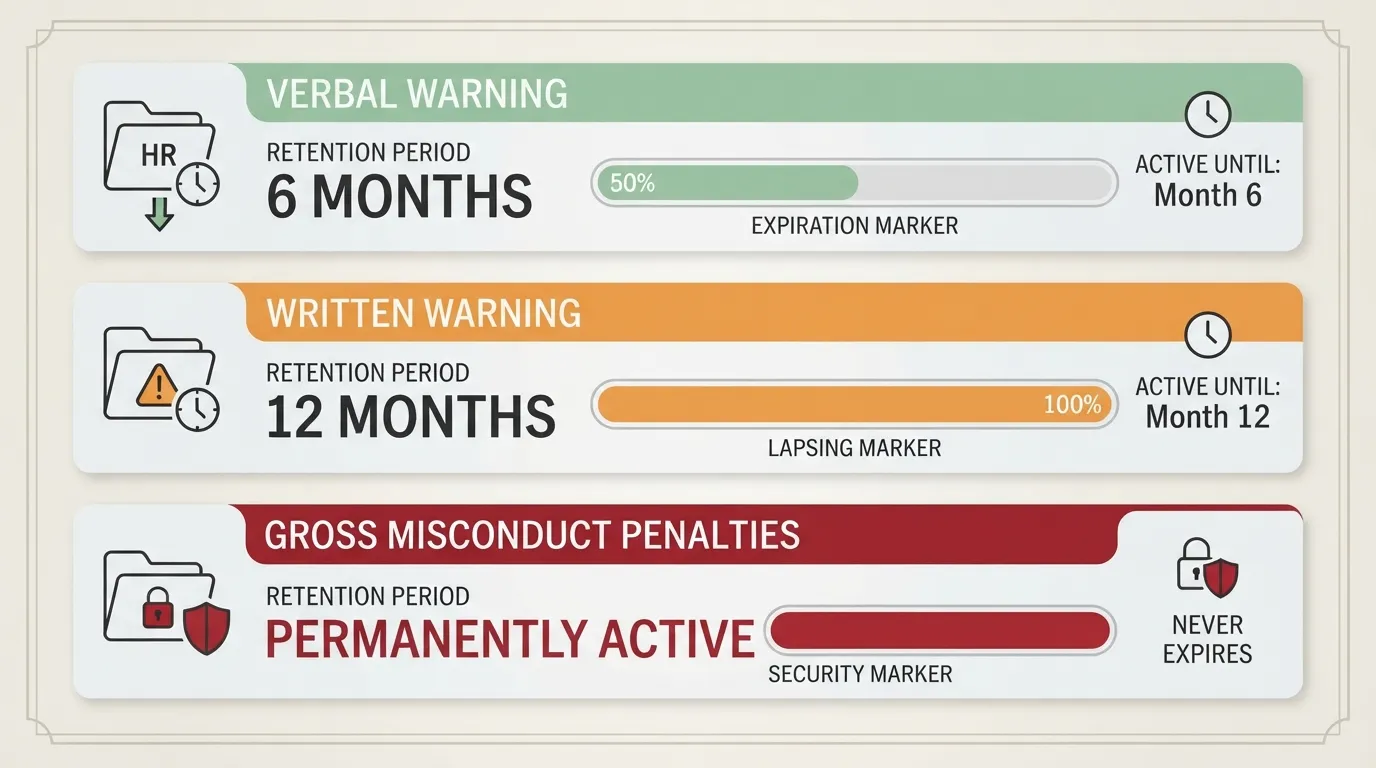 Infographic chart illustrating disciplinary record retention periods, showing 6 months for verbal warnings, 12 months for written warnings, and permanent status for gross misconduct.