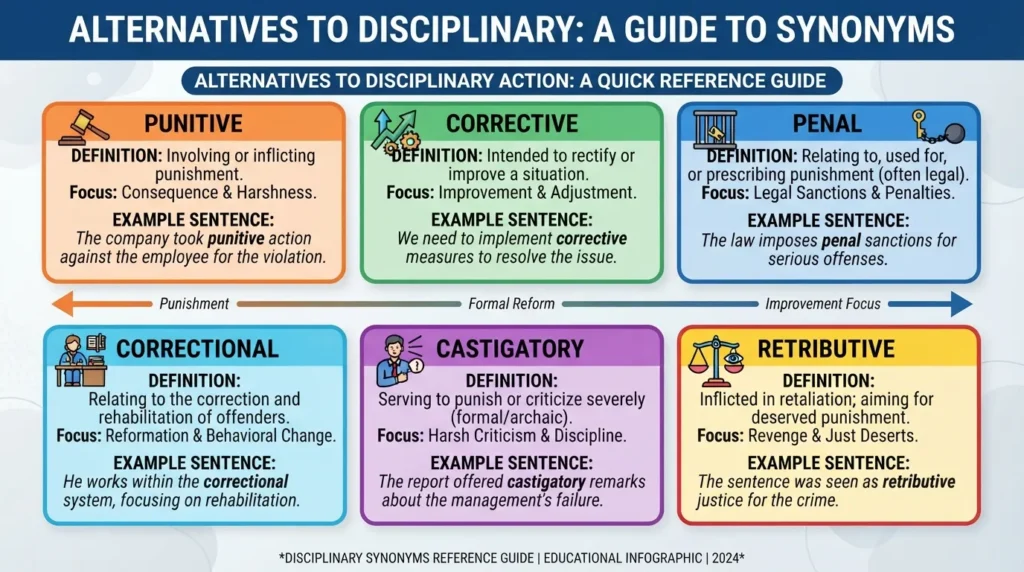 Visual comparison of six disciplinary synonyms—punitive, corrective, penal, correctional, castigatory, and retributive—with brief meanings and example uses.
