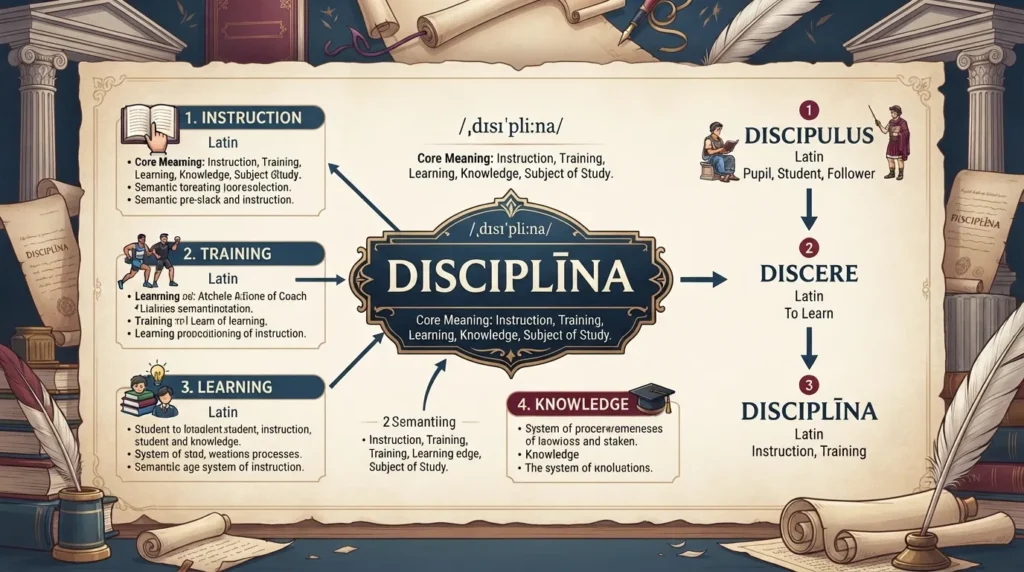 Latin word disciplīna shown with its meaning, root word, and connection to learning, instruction, and training