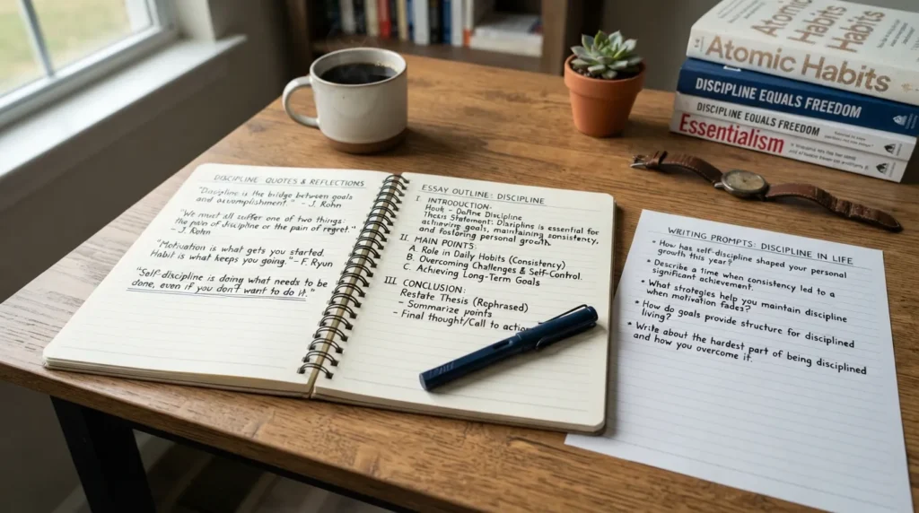 Notebook with discipline quotes, essay writing notes, and creative writing prompts about discipline