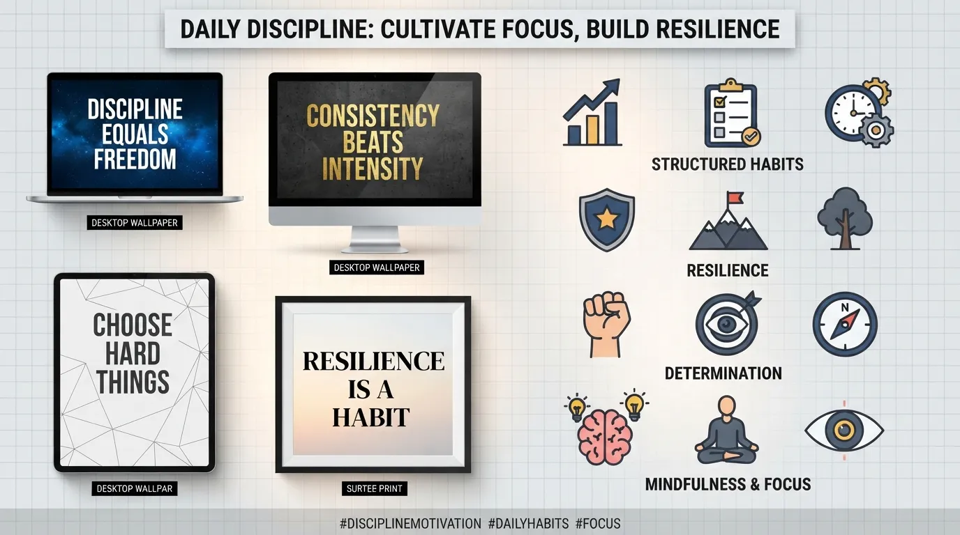 Collection of motivational discipline quotes wallpapers and clipart designs arranged as visual inspiration.