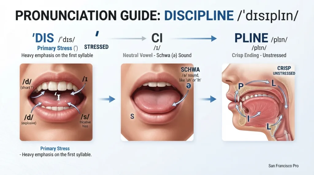 Visual chart showing the syllable breakdown of discipline into DIS, uh, and plin with phonetic mouth position indicators.