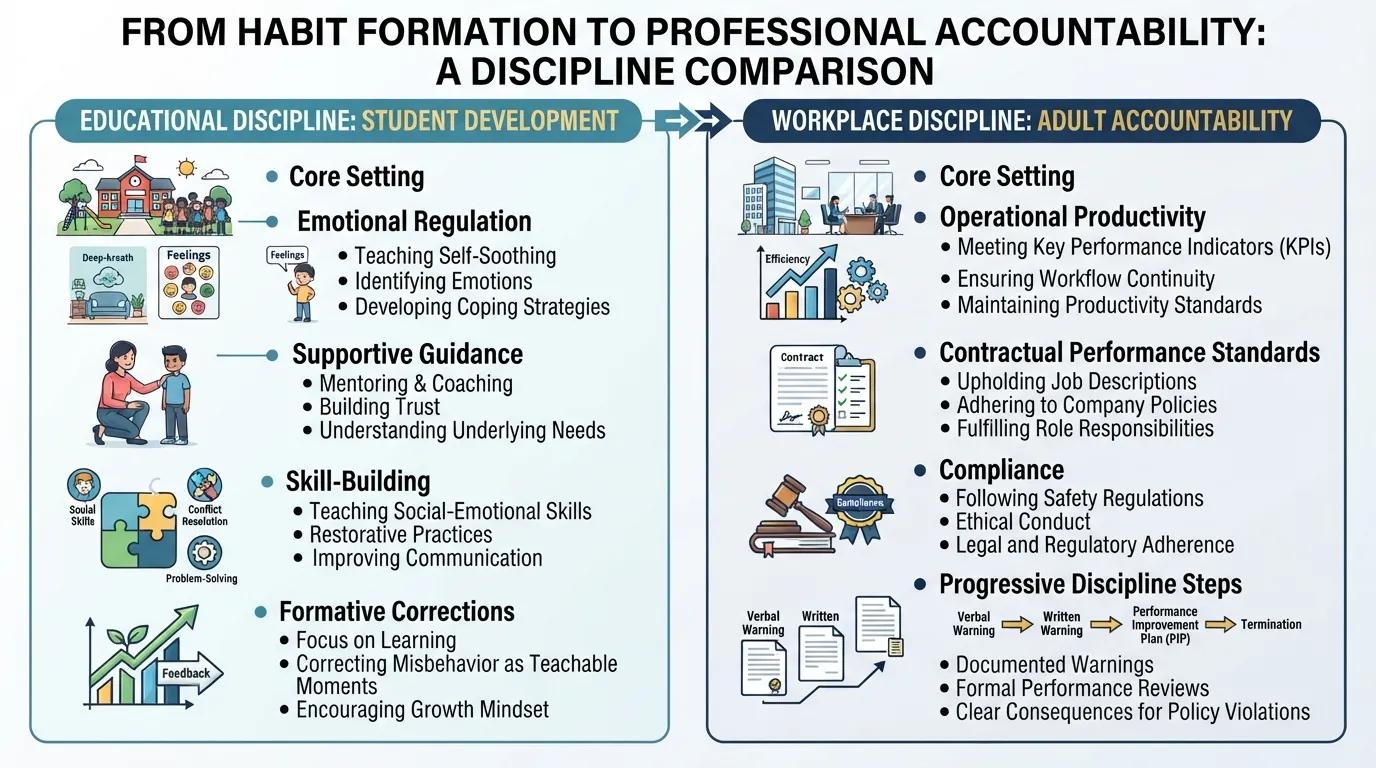Infographic comparing the goals, methods, and structure of discipline in education versus workplace discipline.