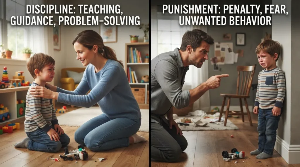 Comparison showing discipline as teaching and guiding positive behavior versus punishment as imposing a penalty for unwanted behavior.