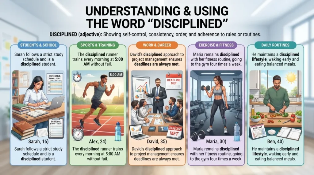 Examples showing how to use “disciplined” correctly in sentences for school, work, sports, exercise, and daily life