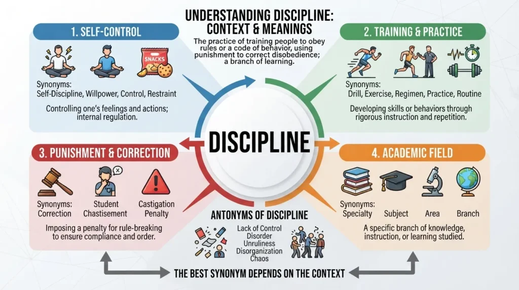 Visual comparison of discipline synonyms, antonyms, and meanings across self-control, training, punishment, and academic fields.
