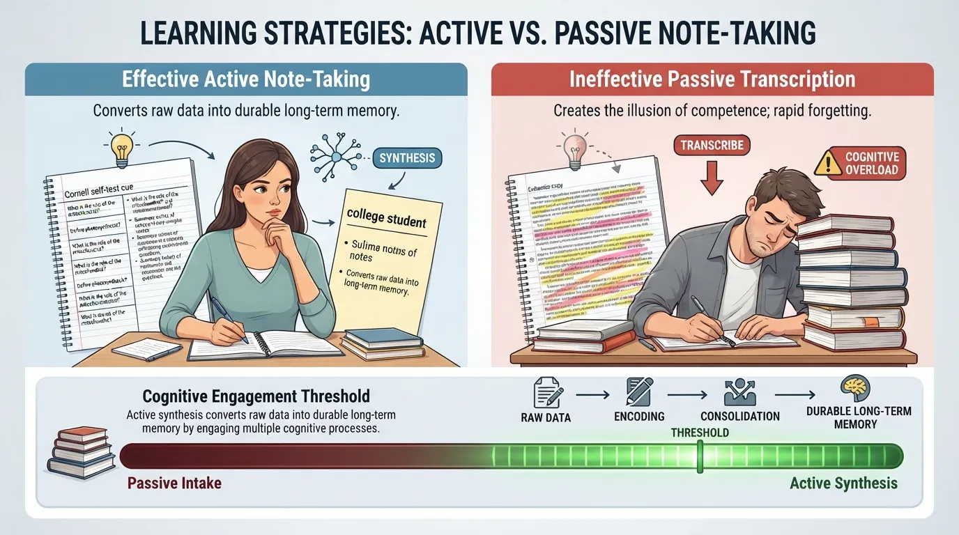 A student comparing active summary notes with a textbook to illustrate effective note-taking versus passive transcription