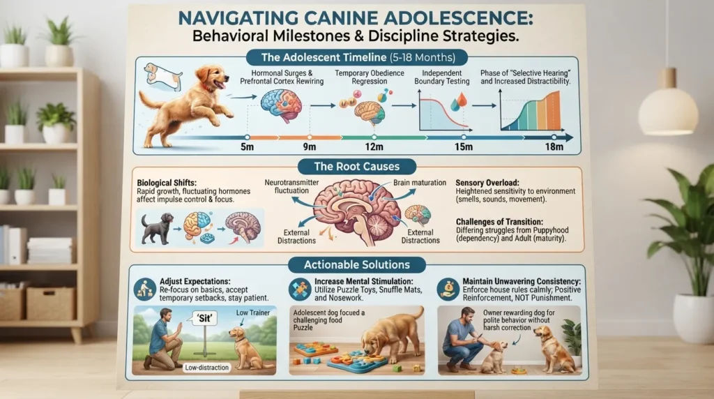 An adolescent dog testing boundaries during a training session, representing the behavioral challenges of puppy adolescence between 5 and 18 months.