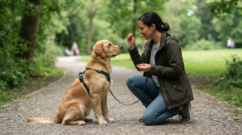 Owner holding treats while training an attentive dog outdoors to build reliable command response.