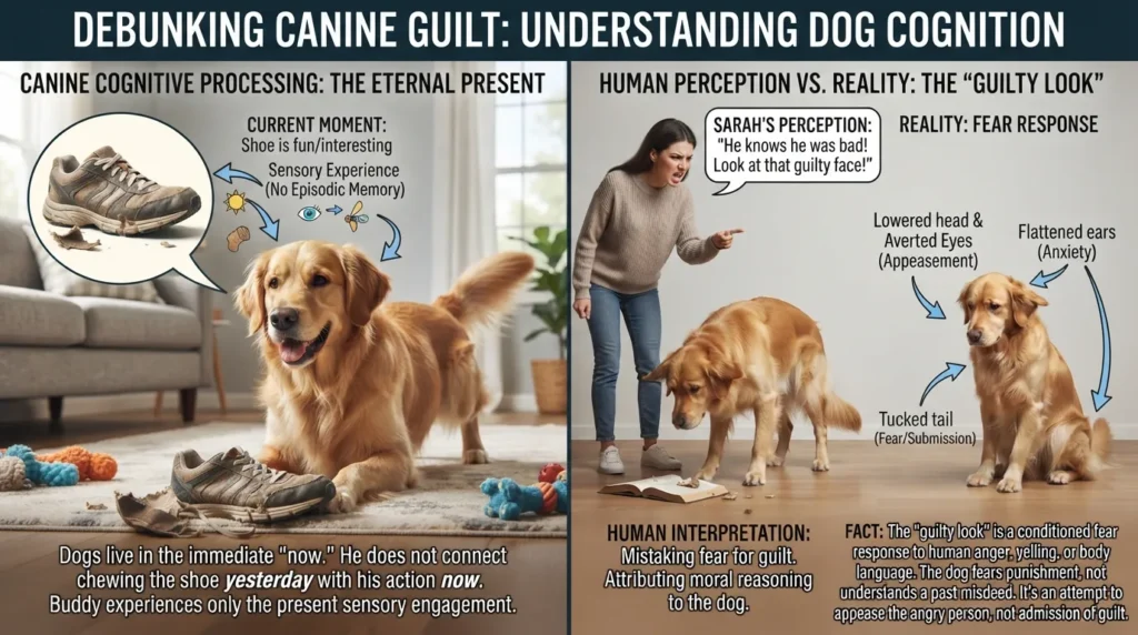 A concerned dog looking attentively at its owner, representing canine psychological processing and the reality of dog discipline.