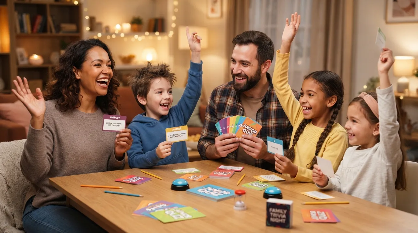 A diverse, smiling group of kids and family members happily participating in a fun beginner trivia quiz game together.