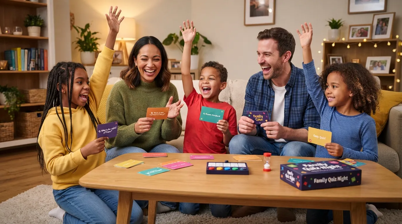 A diverse, smiling group of kids and family members happily participating in a fun beginner trivia quiz game together.
