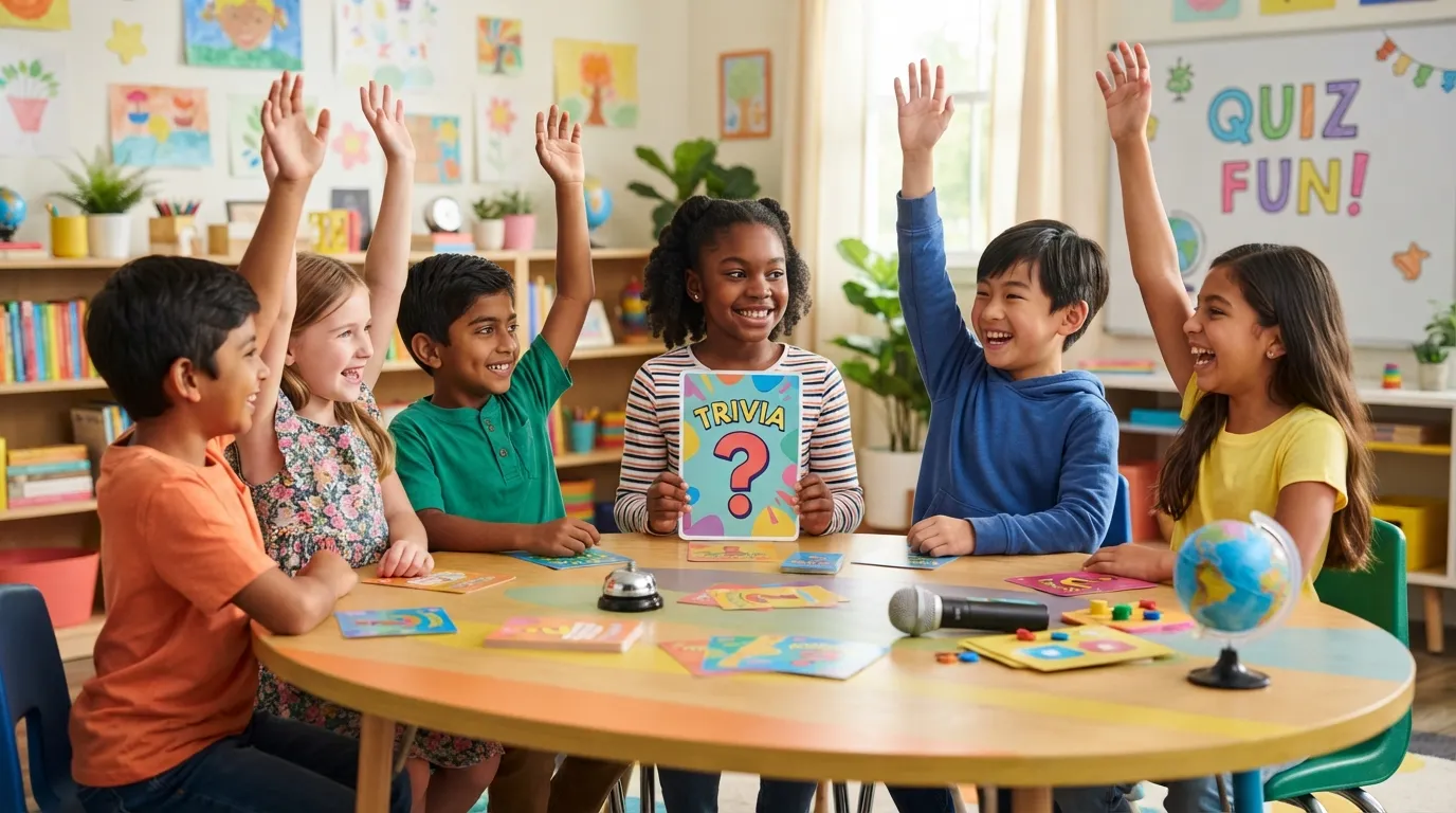 Happy children laughing and participating in an easy trivia questions and answers game session together.