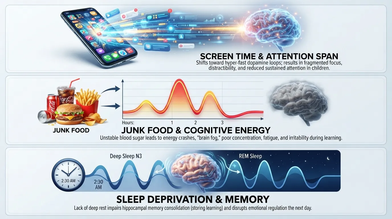Infographic diagram illustrating how screen time, junk food, and sleep deprivation negatively impact a child's brain development, attention span, and memory.