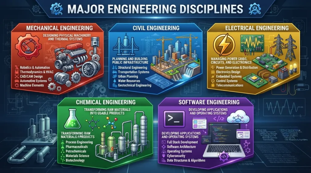 Infographic illustrating the core engineering branches, including mechanical, civil, electrical, chemical, and software engineering, with descriptive icons for each discipline.