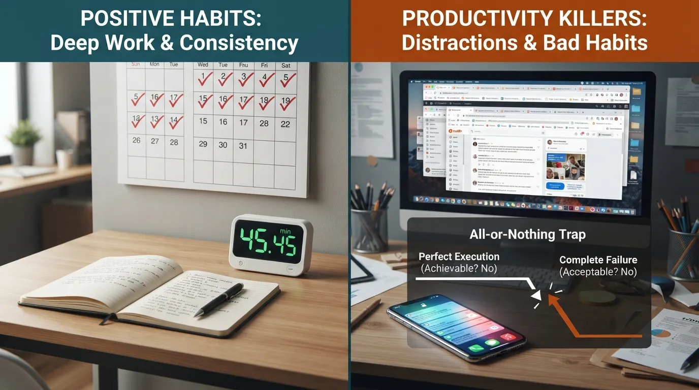 Infographic comparing positive daily routines like deep focus blocks with productivity traps such as phantom phone checking and multitasking.