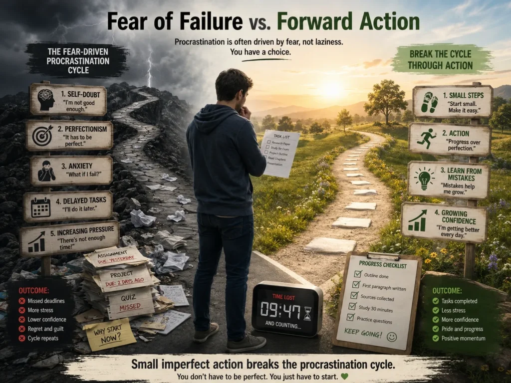 A visual showing the connection between fear of failure and procrastination, with a person feeling overwhelmed by a difficult task, avoiding action, experiencing self-doubt, and learning to take small steps toward progress.