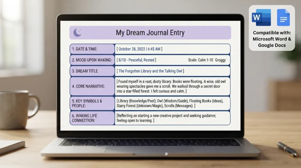 Clean dream journal template layout showing sections for date, dream title, mood rating, narrative, key symbols, and waking life connections on a table.