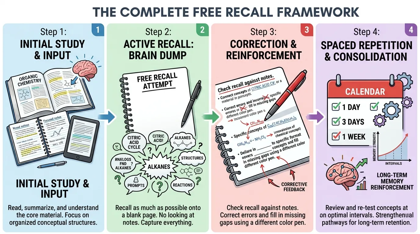 Step-by-step workflow for practicing free recall, showing a student studying, writing a blank page brain dump, and reviewing corrections with a pen.