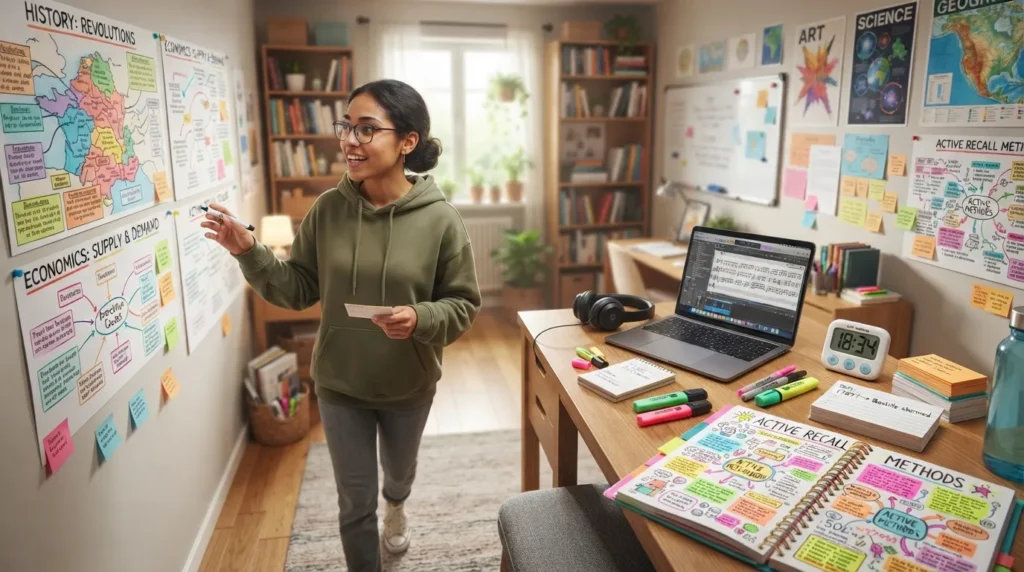 Student using creative study methods such as flashcards, drawing, music, quizzes, movement, and teaching while studying at a desk