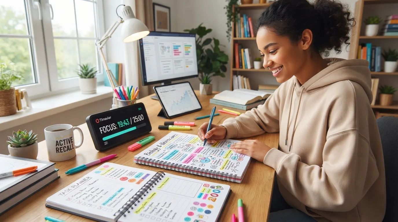 A student using engaging fun study methods like colorful notes and digital timers at a tidy desk to avoid boredom.