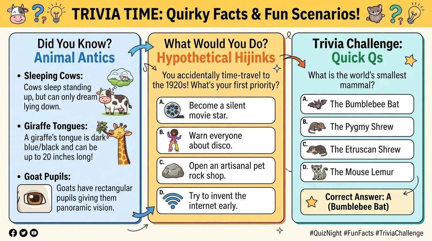 Colorful infographic displaying funny multiple choice trivia questions, quirky animal facts, and playful game night options.