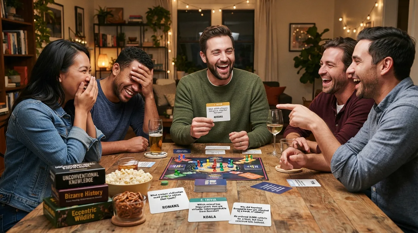 A diverse group of friends laughing and participating in a fun, quirky trivia night game while holding question cards.