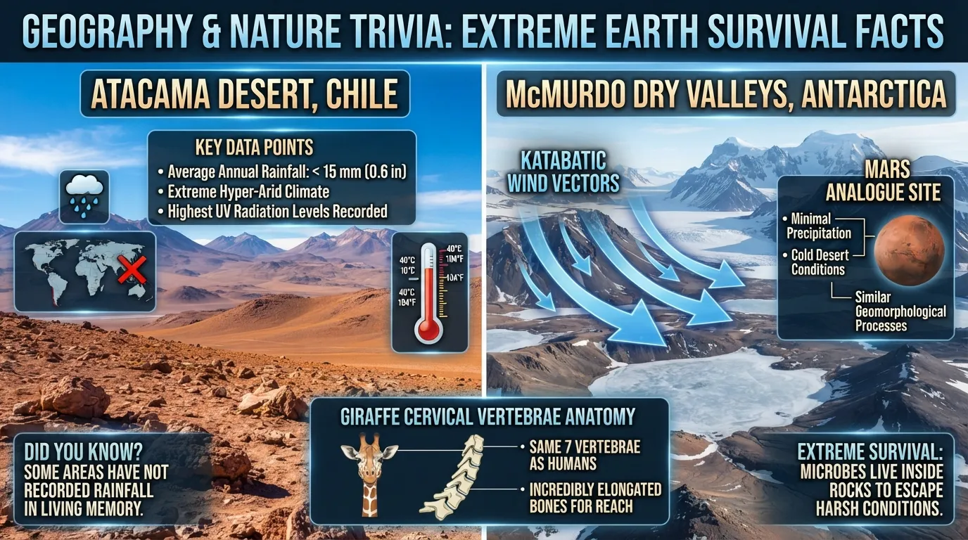 A split-screen natural landscape showing the hyper-arid Atacama Desert and Antarctica's ice-free McMurdo Dry Valleys under a clear sky.
