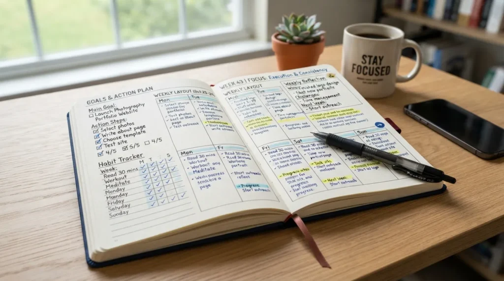 Open goal setting journal showing written goals, progress tracking checklist, habit tracker, and action steps for building better daily habits