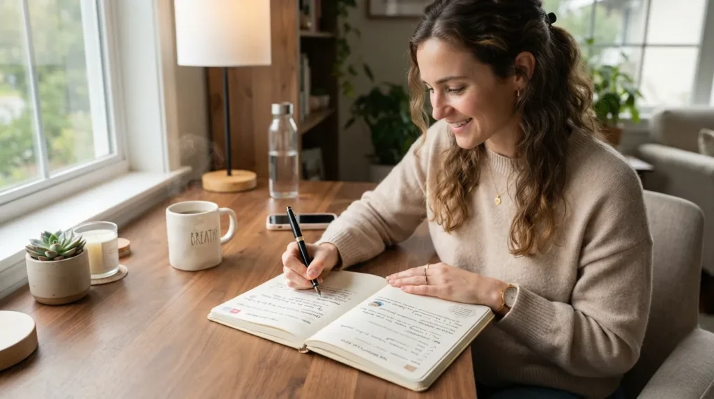 Person using a guided journal with written prompts, reflection questions, gratitude notes, and goal-setting sections to practice self-awareness and personal growth.