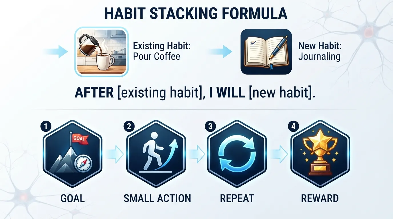 A visual workflow diagram illustrating the habit-building process through habit stacking and the goal-action-repeat-reward formula.