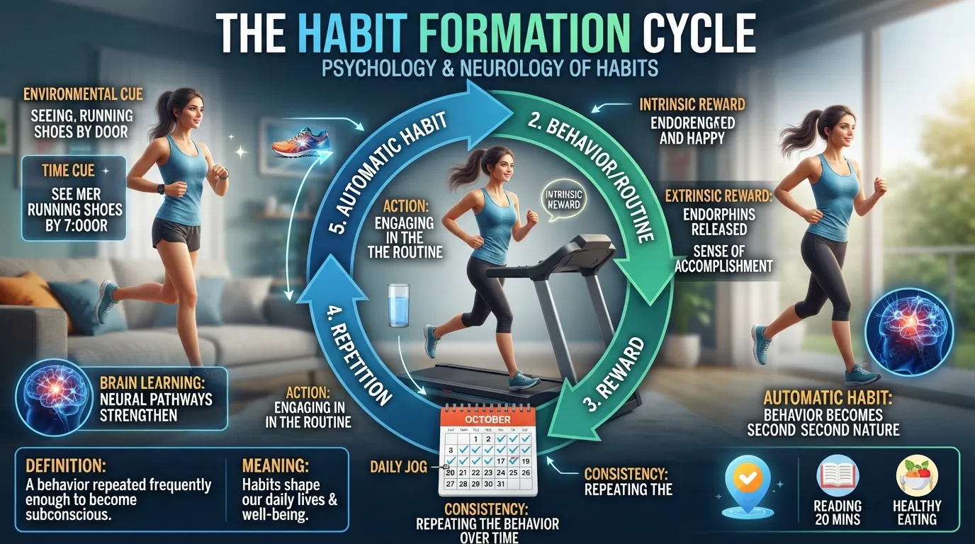 Visual explanation of habit formation showing how a repeated behavior becomes a habit through trigger, routine, reward, and brain learning process.