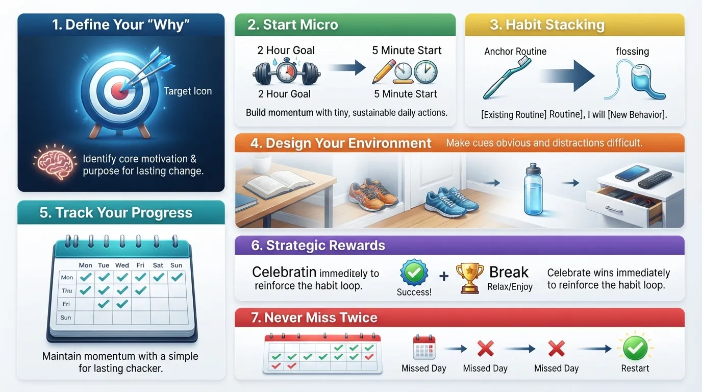 Infographic illustrating a step-by-step habit formation strategies guide, showing a person moving from defining a core reason and starting small to environment design, progress tracking, strategic rewards, and recovery.