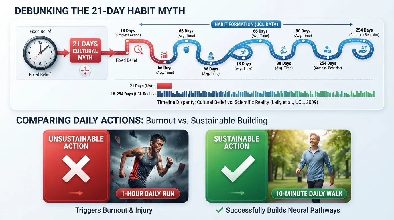 Infographic comparing the 21-day habit myth with research showing an 18 to 254 day range, contrasting a complex 1-hour run target with a sustainable 10-minute walk.