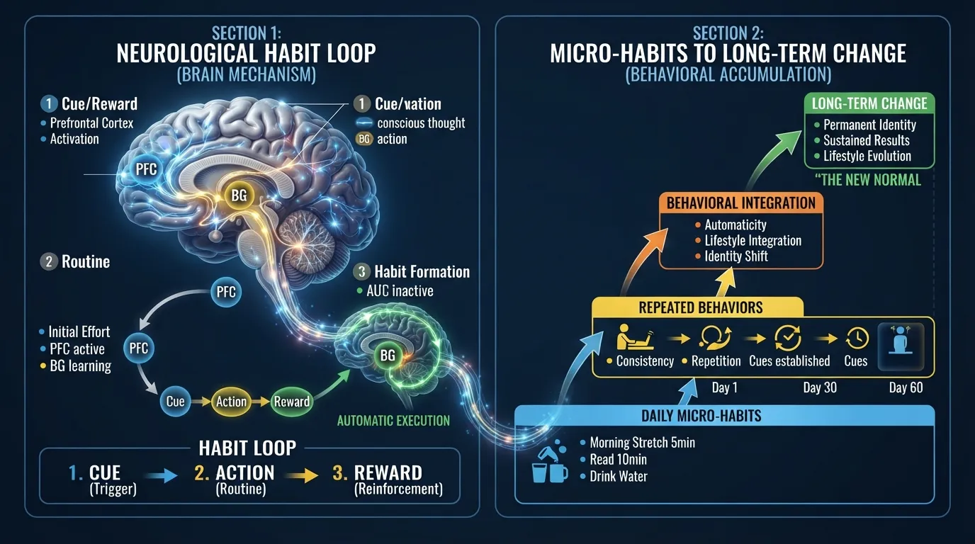 Infographic diagram illustrating the complete science-backed guide to habit formation and behavior change, showing the connection between neurological loops and lifestyle transformation.