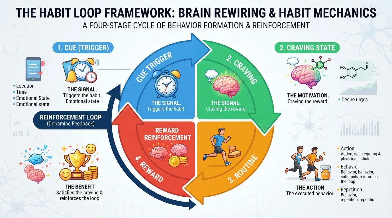 Infographic illustrating the four stages of the habit loop including cue, craving, routine, and reward for brain rewiring.