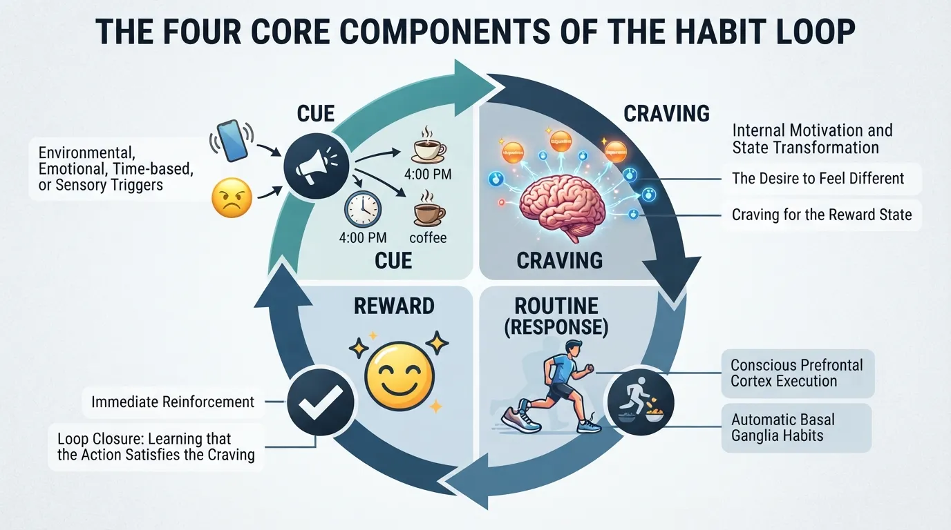 A visual breakdown of the four stages of the habit loop showing cue, craving, routine, and reward.