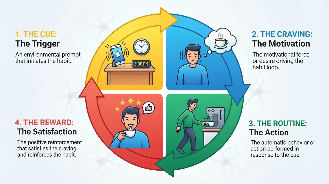 A detailed diagram illustrating the four stages of the habit loop—Cue, Craving, Routine, and Reward—in a continuous circular neurological cycle.