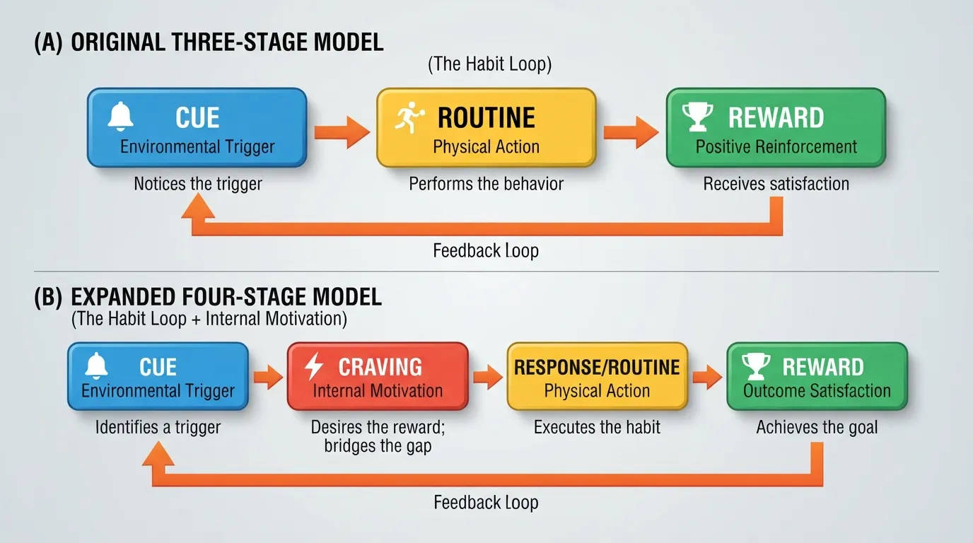 Infographic comparing Charles Duhigg's 3-stage habit loop of cue, routine, and reward with James Clear's 4-stage model including craving and response.